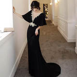 Vintage A line V Neckline Black Long Prom Dress HZ1024