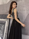 Simple A line V Neckline Black Beads Long Prom Dress HZ1024
