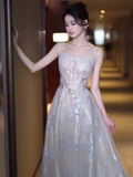 Simple A line Straps Sequin Long Prom Dress HZ1024