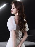 Cute A line Short Sleeves White Long Prom Dress HZ1024