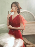 Vintage A line Short Sleeves Tulle Red Prom Dress HZ1024