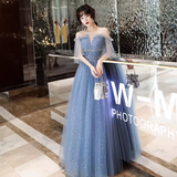 Vintage A line Short Sleeves Tulle Blue Prom Dress HZ1024