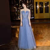 Vintage A line Short Sleeves Tulle Blue Prom Dress HZ1024