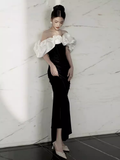 Vintage Mermaid Off The Shoulder Black Velvet Prom Dress HZ1024