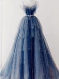 Elegant Ball Gown Straps Long Tulle Blue Prom Dress HZ1024