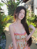 Modest Ball Gown Spaghetti Straps Pink Flowers Long Prom Dress HZ1024
