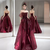 Elegant Ball Gown Strapless Burgundy Organza Long Prom Dress HZ1024