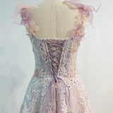Vintage A line Straps Sequin Flowers Long Pink Prom Dress Evening Dresses HZ1024