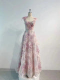 Vintage A line Straps Sequin Flowers Long Pink Prom Dress Evening Dresses HZ1024