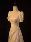 Vintage White Satin Short Sleeve Square Wedding Dress HZ1024