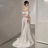 Vintage Off Shoulder Satin Wedding Dress White Mermaid Long Prom Dress with Slit HZ1024